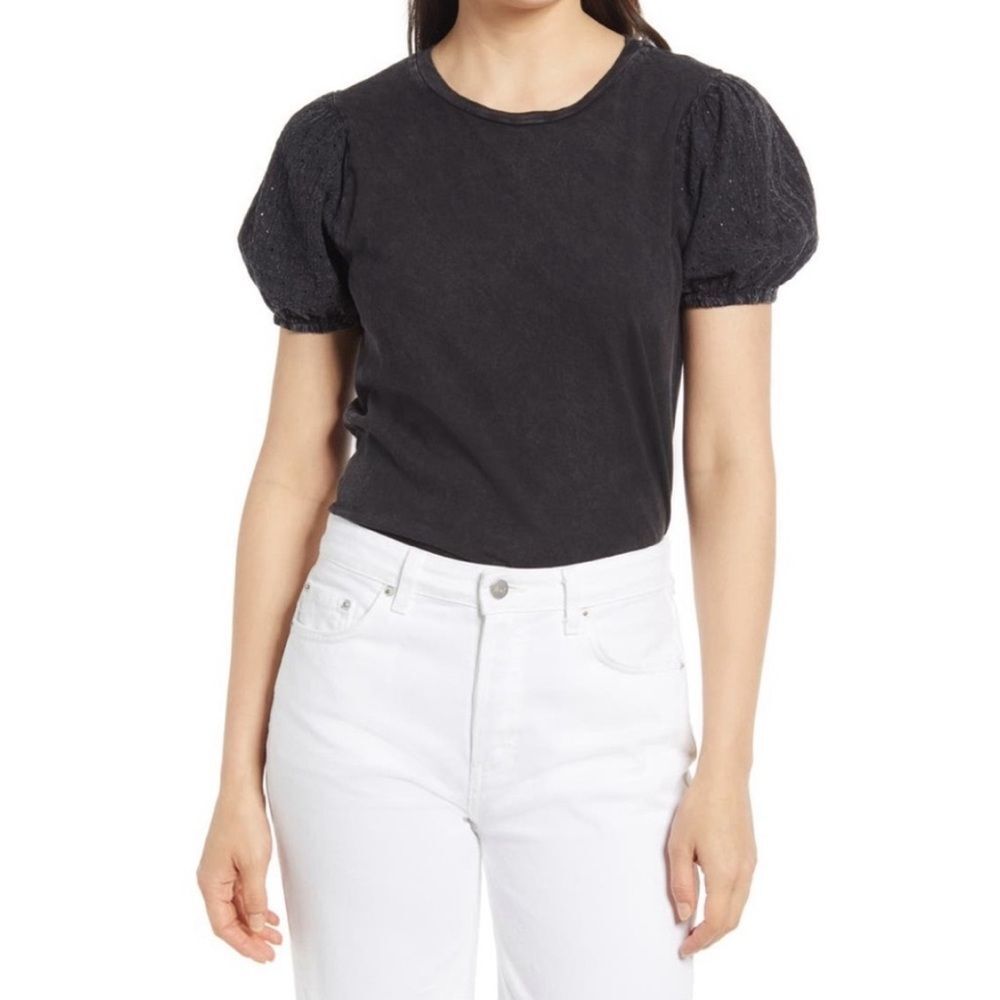 Everleigh black eyelet puff sleeve crewneck top